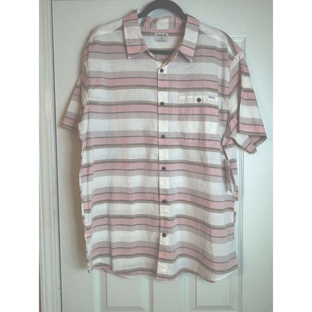Hurley Mens XL Striped Short Sleeve Button Up Shirt Bone Stretch